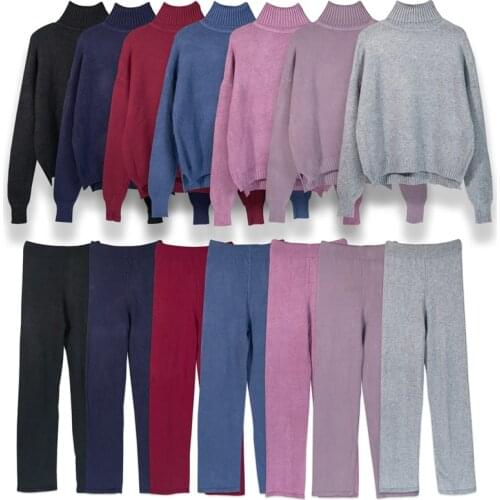 2021 2 Pieces Set Women Knitted Tracksuit Turtleneck Sweater + Carrot Jogging Pants Pullover Sweater Set CHIC Knitted Outwear