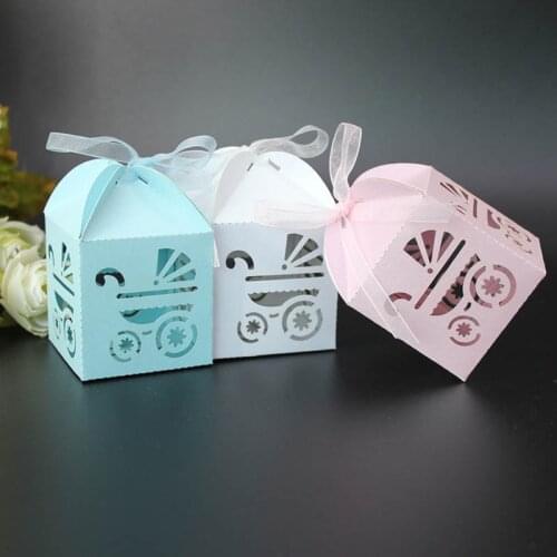 24pcs/lot Hollow Baby Cart Wedding Candy Box With White Ribbon Beautiful Baby Birthday Gift Box Party Supplies Suggar Box