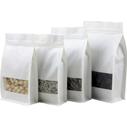 50pcs White Kraft Paper One Side Clear Front Mylar Bag Coffee Snack Tea Packaging Bag Stand Up Ziplock Gift Bags Plastic Bags