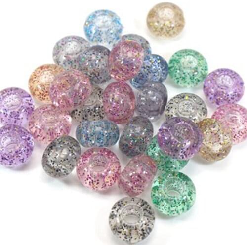 50 Mixed Transparent Color with Glitter Acrylic Rondelle Beads 14mm Big Hole 5mm