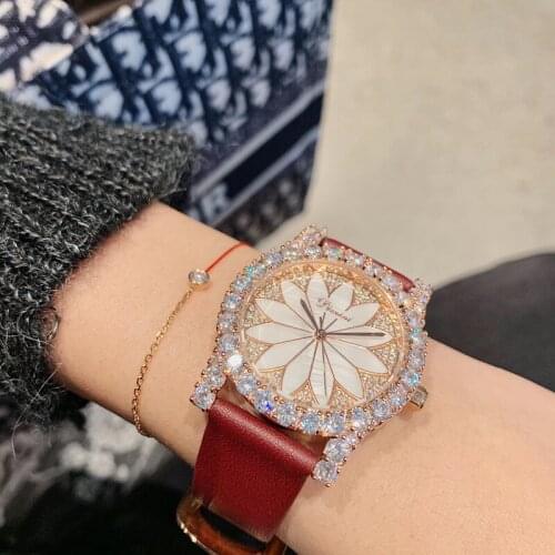 Waterproof Real Leather Women High Jewelry Watches Crystals Flower Watch Quartz Shell Face Sunflower Wrist watch High-end Gift