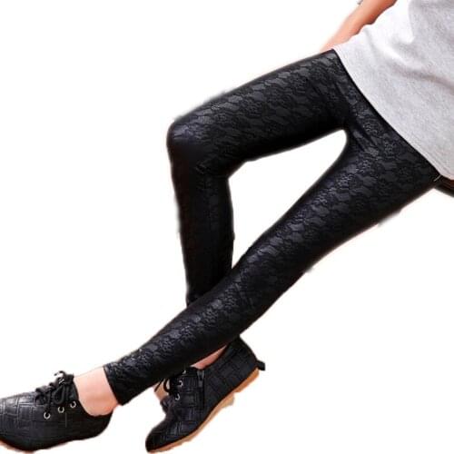 3-12 Y kids skinny Lace PU Leather pants toddler girls leggings baby pants Childrens Autumn/Winter clothes Flower leggings