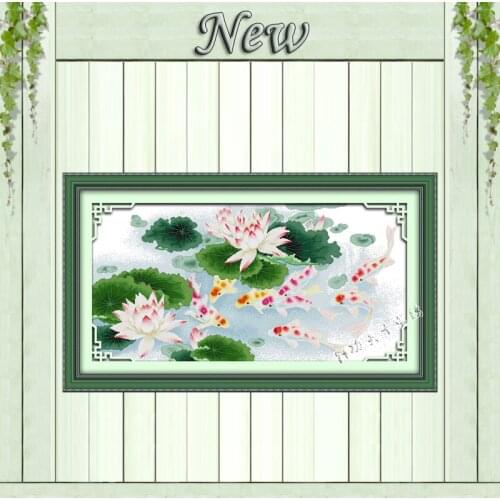 Nine fishes and lotus picture painting counted print on canvas DMC 14CT 11CT Chinese Cross Stitch Needlework Set Embroidery kits