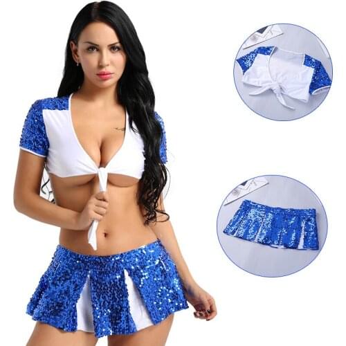 Women Adult School Girls Sets Charming Cheerleader Cosplay Costume Shiny Sequins Suit Short Sleeve Crop Top with Mini Pantskirt
