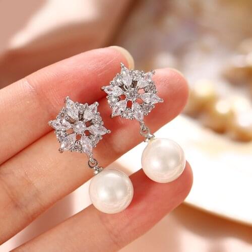 KSRA New Oval Simulated Pearl CZ Earrings For Women Trendy Wedding Drop Earrings Leaf Bridal Fashion Bridesmaid Jewelry Gift