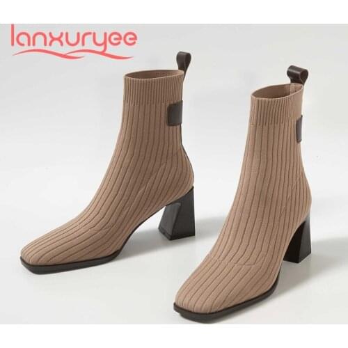 Lanxuryee sock boots knitting recommend comfortable square toe thick high heel slip on stretch dating gladiator ankle boots L8f5