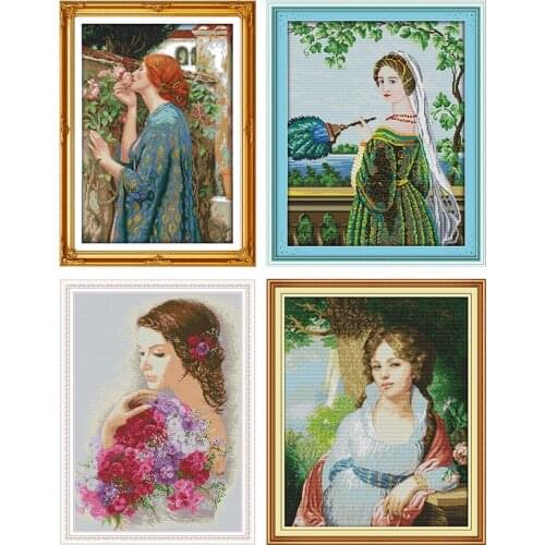 Woman & Flowers Painting Counted Printed Canvas DMC 11CT Cross Stitch Needlework Kits Flower Pattern Embroidery Sets Home Decor