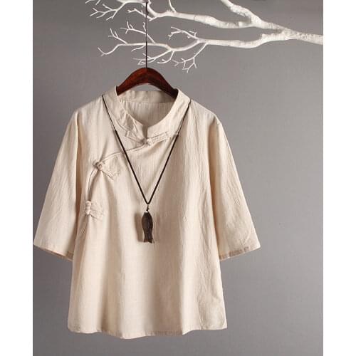 New Retro Art Cotton 3/4 Sleeves Loose Linen Tops Women Traditional Linen Shirt Chinese Style Clothing Women