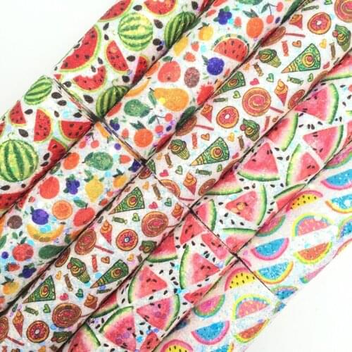 Onefly Wholesales Dropshipping Leather Supplier Watermeleon Printed Glitter Faux Leather Fabric Felt Backing For Bow DIY FZ166