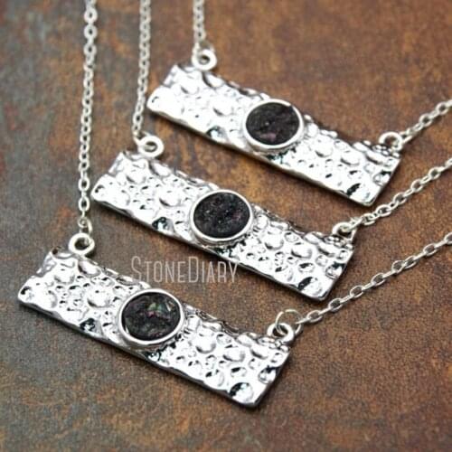 5Pcs Black Druzy Crystal Top Double Bail Necklace Silver Finish Irregular Surface Rectangular Necklace 18-32inch NM15402
