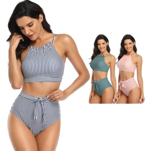 Striped split swimsuit bikini lace sexy swimsuit pink/blue Two-piece Sling Cotton Swimsuit women swimming clothes ruffled ball
