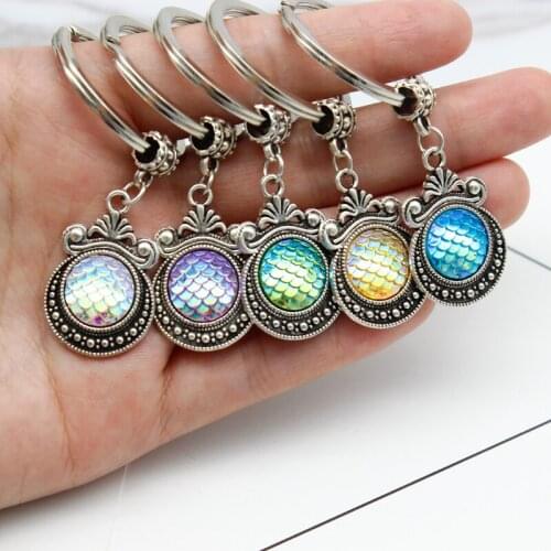Mermaid Fashion Personality Keychain Ancient Silver Sculpture Magic Mirror Multicolor Fish Scales Exquisite Accessories