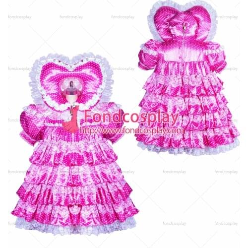Fondcosplay adult sexy cross dressing sissy maid bonnet French lockable baby polka dots hot pink Satin Dress Tailor-made[G3872]