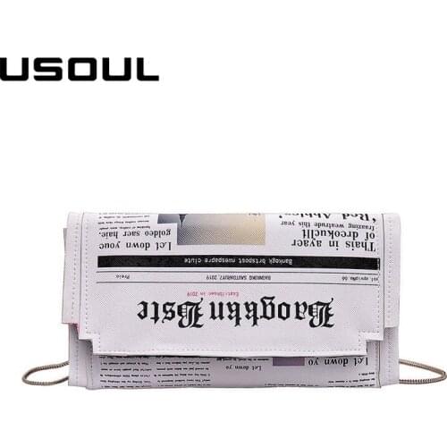 USOUL newspaper shoulder messenger bags for women trend letter print small bag woman clutch purse chain handbag 2020