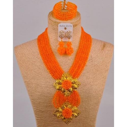 Splendid Orange Crystal Costume African Beads Jewelry Set Nigerian Traditional Wedding Bridal Jewelry Sets 6CHL