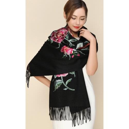 Embroidery Cashmere Scarf Winter Women Tassel Floral Pashmina Hijab Flowers Thick Scarves Long Shawls Size 200*70cm