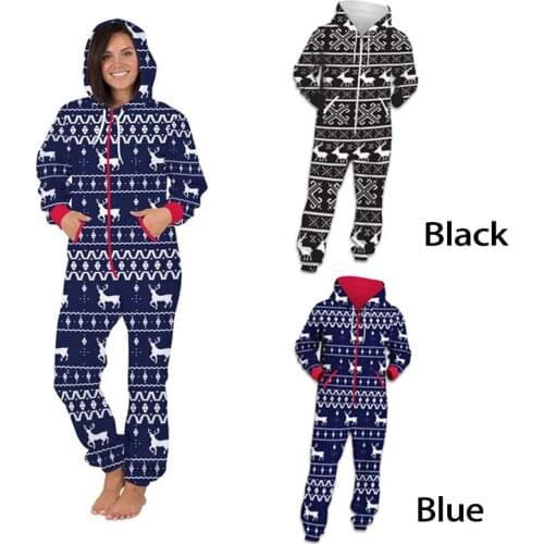 Women Autumn Printed Pajama Jumpsuit Female Men Unisex Zipper Hoodie Couples Elk Print Loose Plus Size Casual Romper Overalls