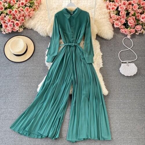 Spring Autumn Fashion Ladies Long Sleeve Solid Pleated Wide Leg Pants 2021 New Elegant Ladies Casual Jumpsuit Overalls Women