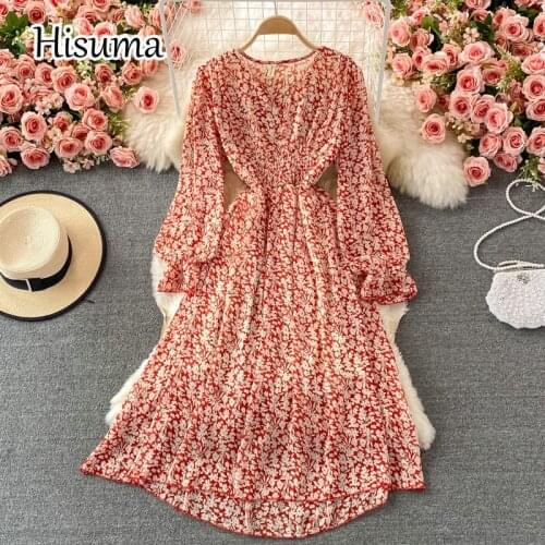 2021 autumn new womens V-neck lantern sleeve ruffles flower print chiffon party dress female Chic elegant waist A-line dresses