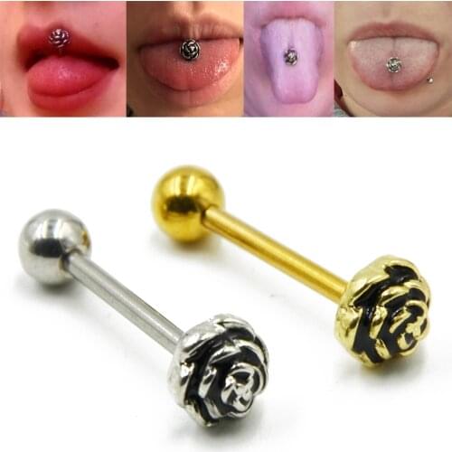 1piece Surgical Steel Charming Rose Flower Tongue Barbell Rings Piercing gold color silver color Plated Body Jewelry 14g