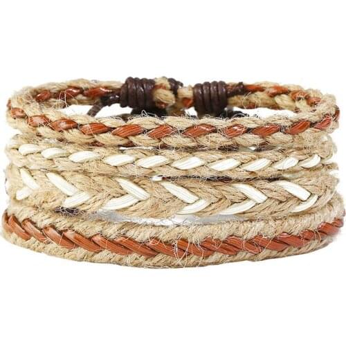 4pcs Fashion Ethnic Charm Bracelet Set Multilayer Braid Hemp Rope Wristband Handmade Bangle Wrap for Female Homme Unisex Jewelry