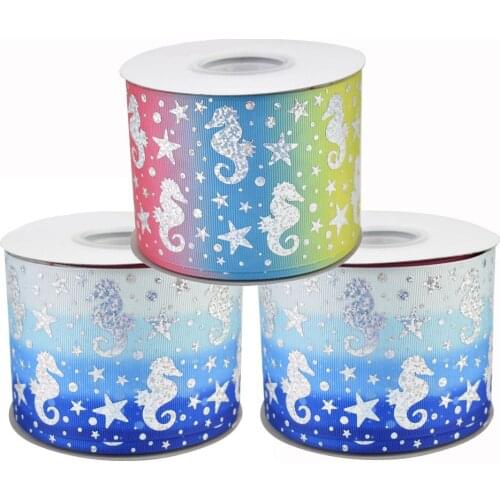 50yards 75mm hologram silver foil sea horse hippocampus Grosgrain Ribbon ocean series For DIY Accessories Welcome Custom printed