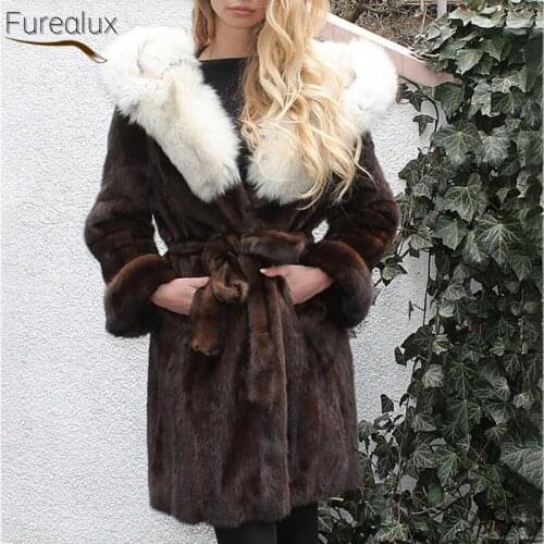 FUREALUX Hooded Winter Real Mink Fur Outerwear Women Solid Coat High-end Warm Vintage Temperament With Blue Fox Hat Jacket capa