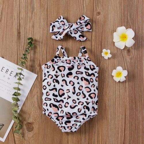 2021 Newborn Baby Girl Sleeveless Leopard Swimwear Romper Bodysuit Headband 2PCS Swimming Bathing Suit