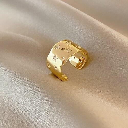 LOVOACC Retro Spark CZ Cubic Zircon Hollow Star Chunky Rings for Women Gold Color Copper Wide Open Adjusting Ring Accessories