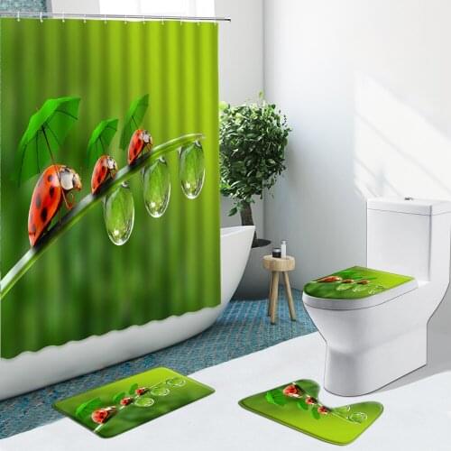 Cute Ladybug Family Fabric Shower Curtain Non-Slip Bath Mat Toilet Lid Cover Rugs Green Cartoon Bathroom Home Decor Set Washable