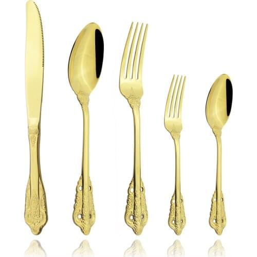Court Style Vintage Golden Dinnerware Set 18/10 Stainless Steel Cutlery Set Dinner Knife Tea Fork Spoons Tableware Drop Shipping