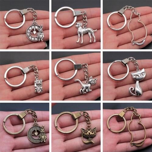 New Fashion Men 30mm Keychain DIY Alloy Metal Holder Chain Vintage Animal Cat Dog Rabbit Pendant Keyring Gift