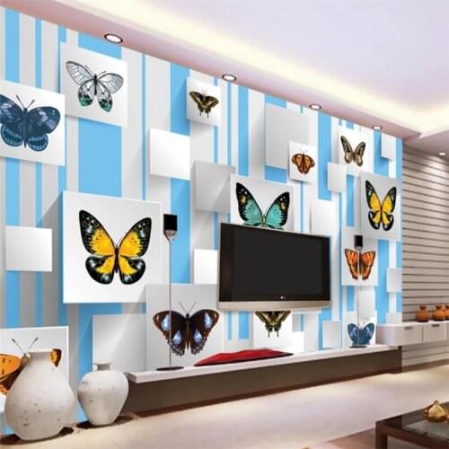 Beibehang Custom wallpaper murals flowers blue vertical stripes butterfly lounge living room bedroom sofa TV backdrop wallpaper