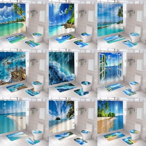 Ocean Beach Shower Curtain Sunny Scenery Seaside 3D Printing Shower Polyester Waterproof Bath Screen Decor Home Decoration