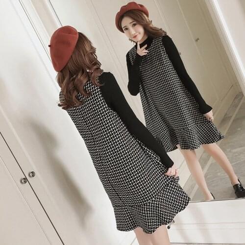 2020 Autumn Maternity Clothes Set Korean Knitted Base Sweater Plaid Vest Dress 2pcs for Pregnant Women Maternity Fashion Suits