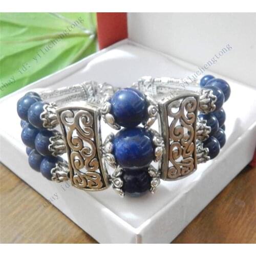 LOVELY 3 ROWS LAPIS LAZULI ROUND BEADS & TIBET SILVER BRACELETS 7.5"