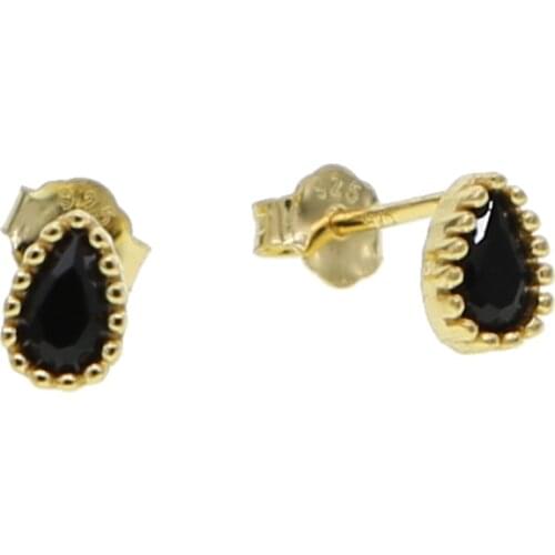 Black white tear drop single cz stone tiny small girl jewelry gold color delicate tear drop shape stud earring 100% 925 silver