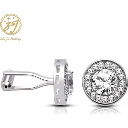 Zhijia High Quality Round Crystal Zircon Cufflinks Women Silver Color Cuff Button Wedding Gift For Women Cuff Links