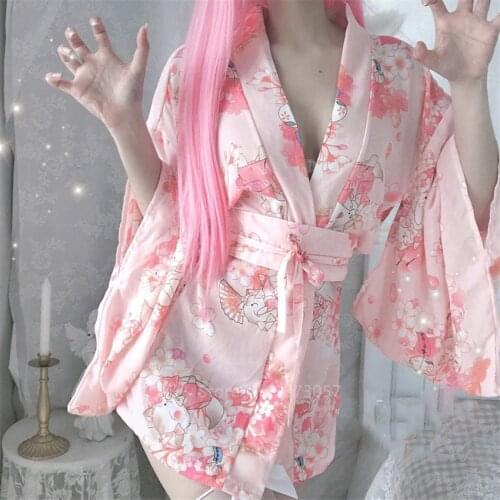 Japanese Kimono Sexy Cosplay for Women Pink Sakura Girl Bathrobe Sexy Pajamas Erotic Lingerie Night Uniform Temptation Dress