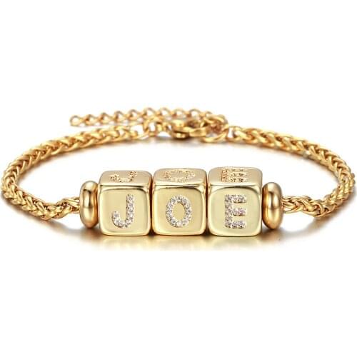 Customized Dice A-Z Initial Letter CZ Charm Bracelet for Women 3mm Gold Color Wheat Link Chain 7inch+2inch Jewelry Gifts LDB297