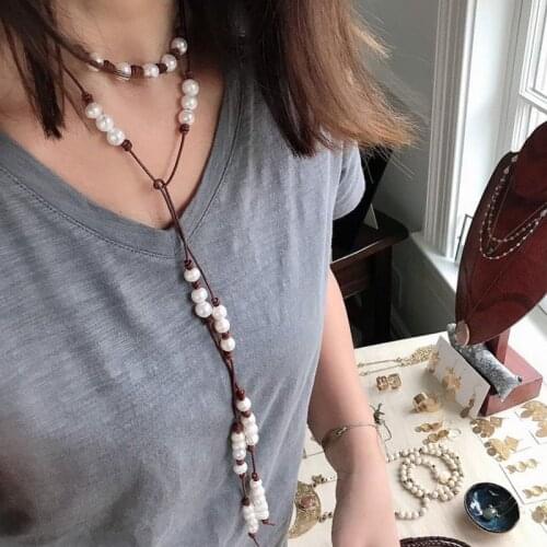 Pearls Lariat ,natural pearls and leather knotted necklace,Handmade Lariat necklace