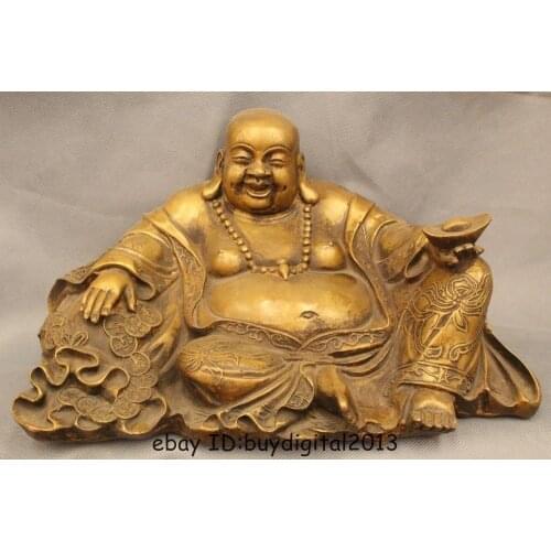 7" Chinese Buddhism Bronze Fu Money Bag Happy Laugh Maitreya Buddha Statue Garden Decoration 100% Tibetan silver Bronze AE1024