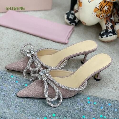 Summer Luxury Women Sliper Blingbling Flake High Heels Sexy Pointed Toe Slip-on Wedding Party Brand Fashion Shoes For Lady 2021
