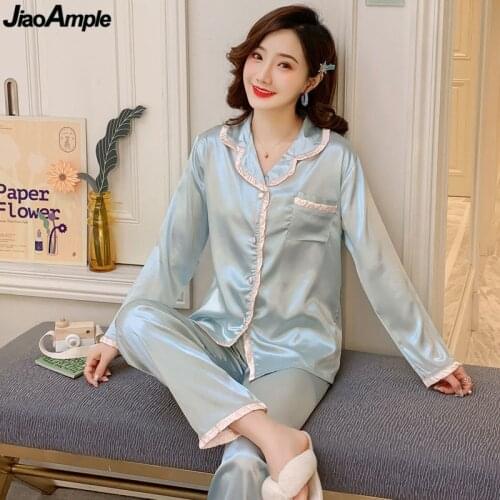M-5XL Big Size Womens Pajamas Set Graceful Lace Silk Autumn Winter Sleepwear Women Home Clothes Suit 2020 Girls Sweet Nightie