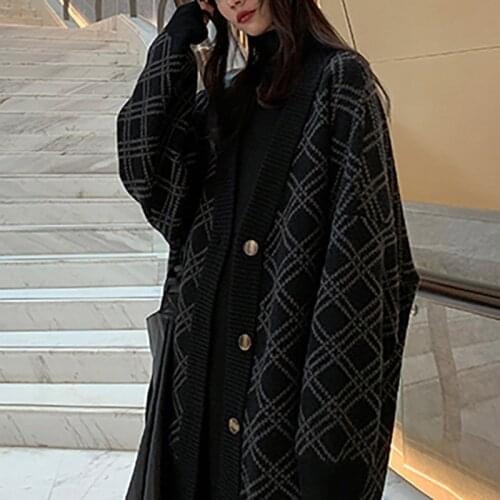 Neophil Argyle Button Cradigans Women 2020 Winter Plaid Tops Fashion High Street Loose Batwing Sleeve Plaid Sweater Coats SW9710