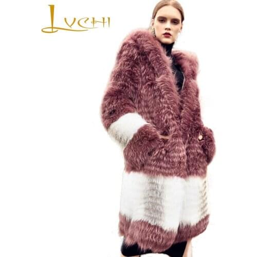 LVCHI Winter 2019 Pink White Contrast Color Real Fur Coats Natural Fox Fur Coat Womens Medium Causal With Hat Slim Fox Coats