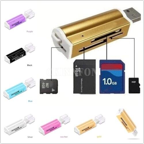 200PCS Aluminium alloy Multi All in 1 USB 2.0 Memory Card Reader Adapter For Micro SD SDHC TF M2 MMC MS PRO 4 IN 1 Card Reader