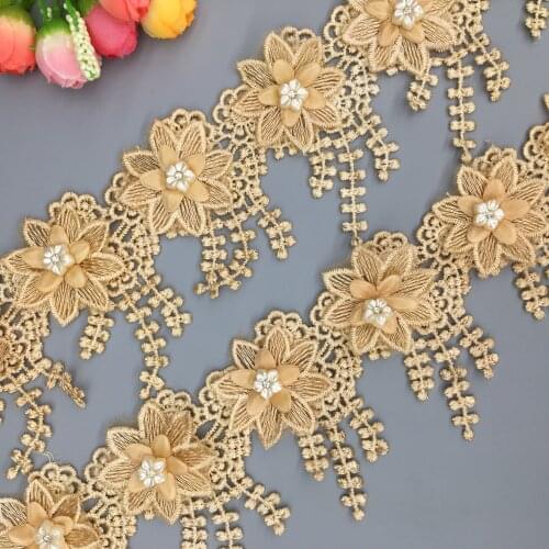 20X Gold Pearl Beaded 8.5cm Flower Lace Trim Embroidered Ribbon Fabric Sewing Craft Wedding Costume Dress DIY Accessories
