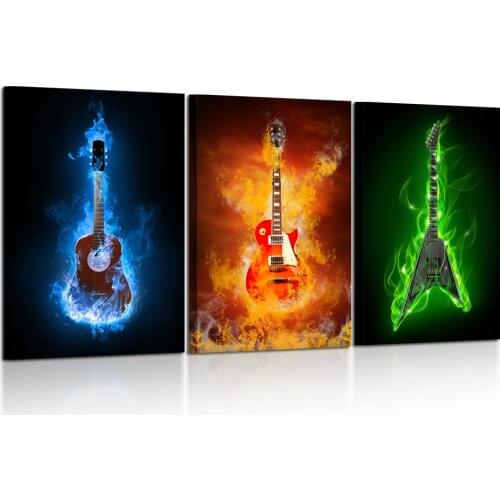 3 Pieces Canvas Prints Fire Burning Eletric Guitar Wall Art Painting Modern Musical Instruments Ready to Hang Drop shipping