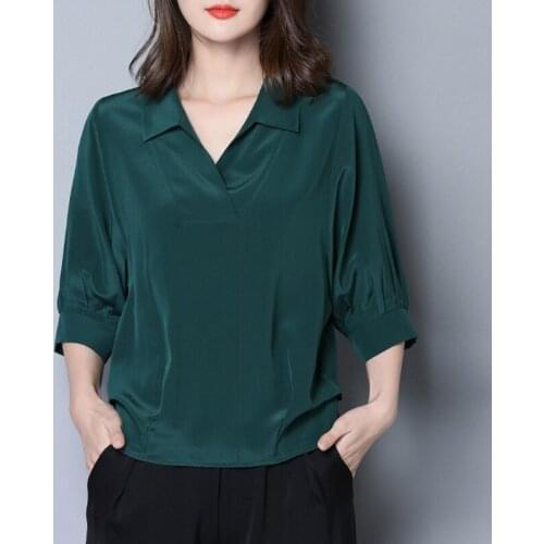 Summer Womens Female Loose 3/4 Lantern Sleeve Green Navy Wine Red Silk Imitation Blouse Top , Womans Women 3xl 4xl Blouses Tops